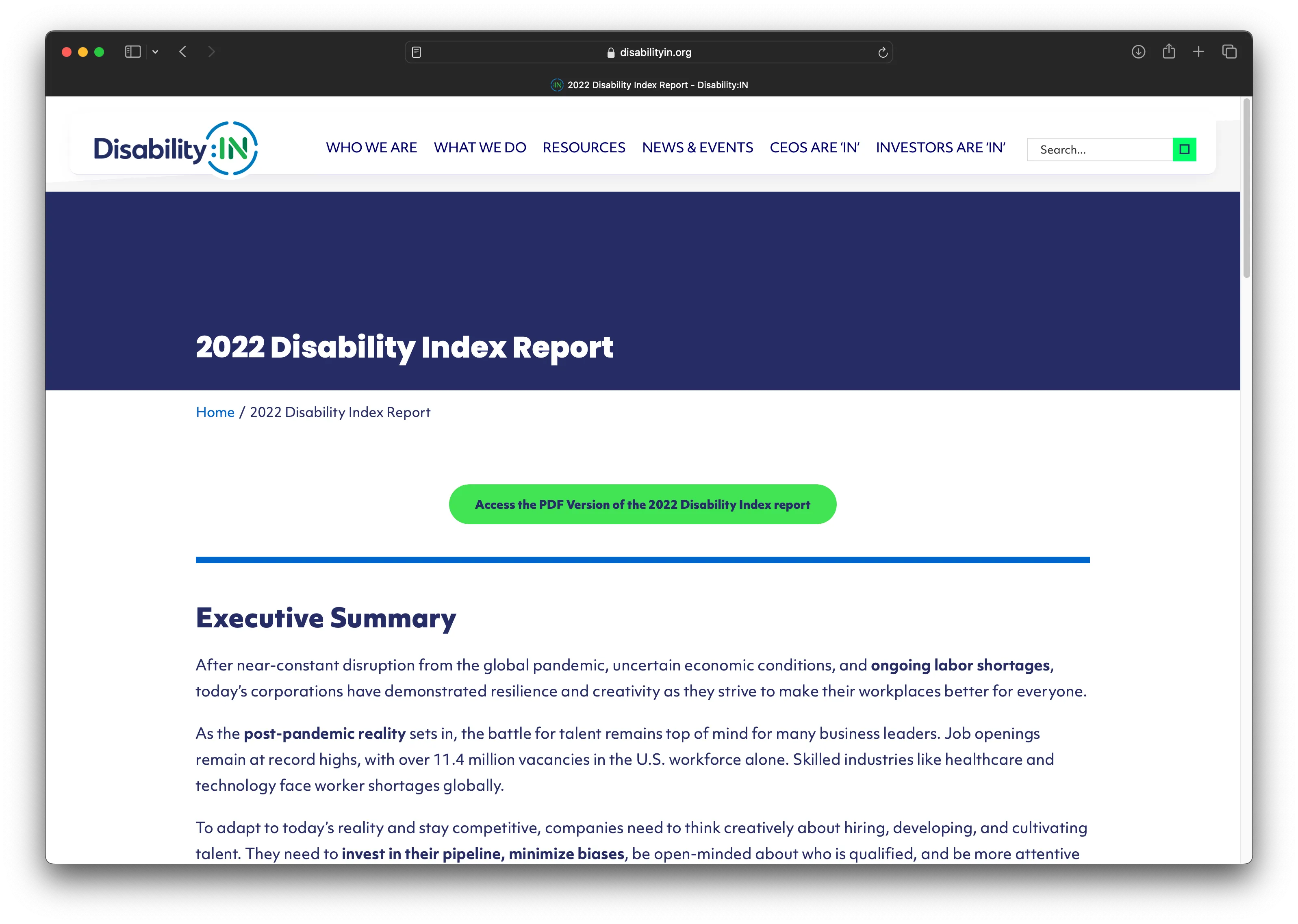 Title: 2022 Disability Index Report. Breadcrumb: Home / 2022 Disability Index Report. Call to action link: Access the PDF Version of the 2022 Disability Index report. Beginning of page content: \