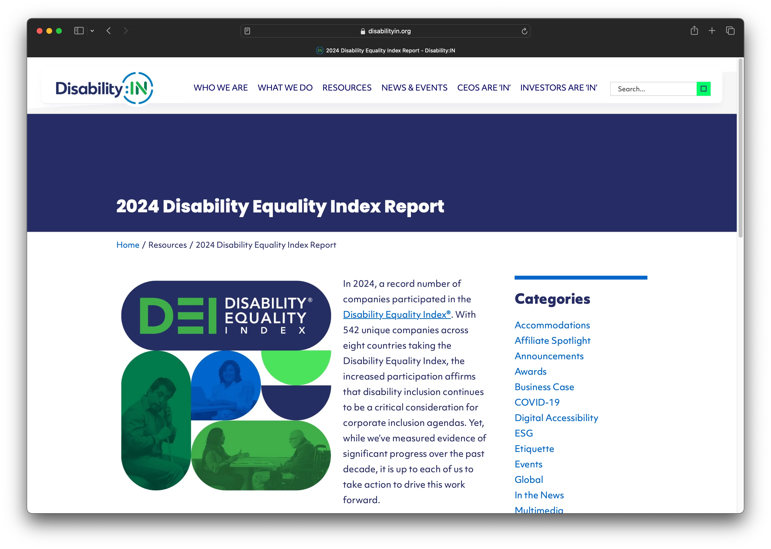 Page title: 2024 Disability Equality Index Report. Breadcrumb: Home / Resources / 2024 Disability Equality Index Report. Snippet of page content: In 2024, a record number of companies participated in the Disability Equality Index®. With 542 unique companies across eight countries taking the Disability Equality Index, the increased participation affirms that disability inclusion continues to be a critical consideration for corporate inclusion agendas. Yet, while we’ve measured evidence of significant progress over the past decade, it is up to each of us to take action to drive this work forward.