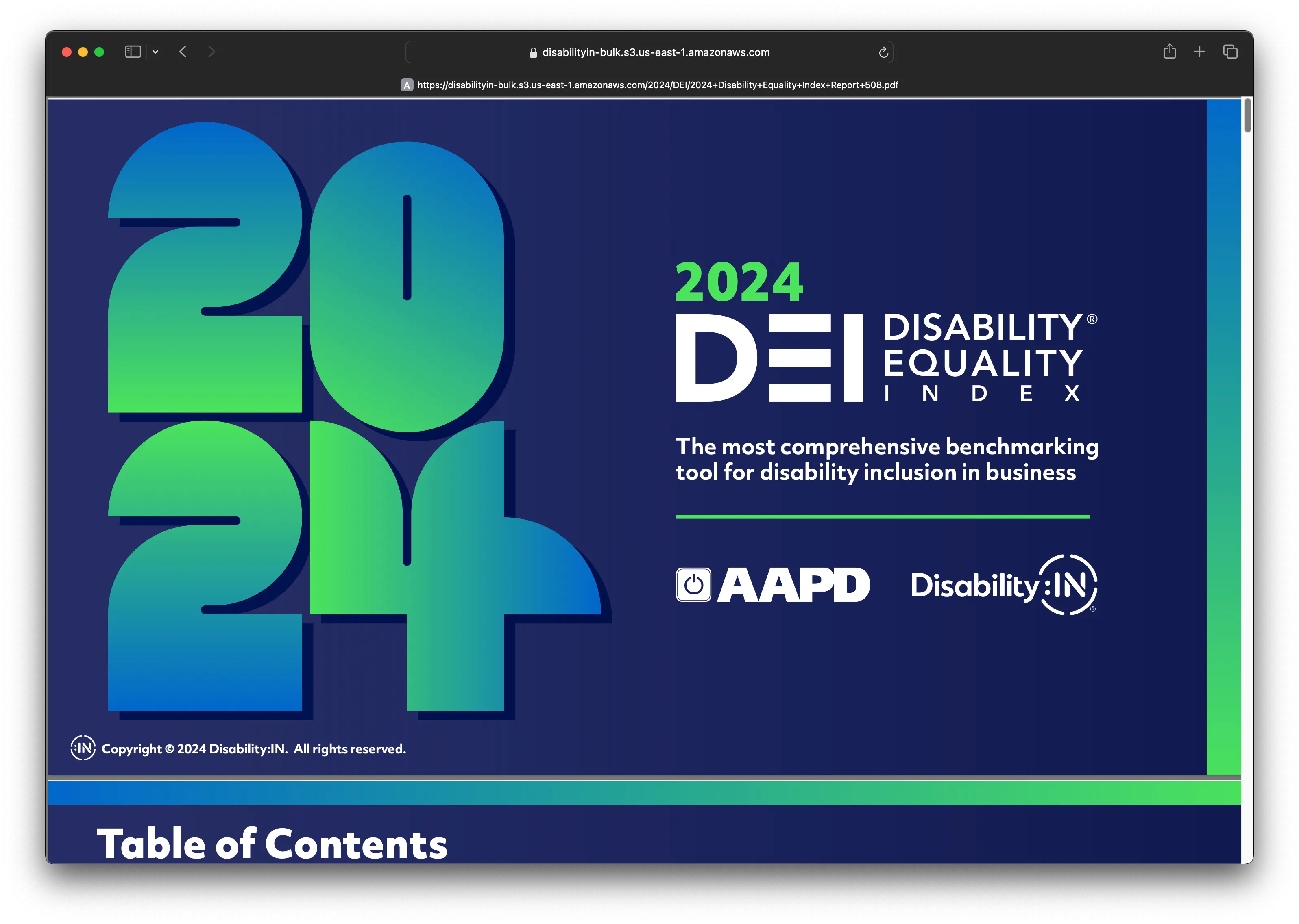 The cover of the PDF. 2024 DEI Disability Equality Index. The most comprehensive benchmarking tool for disability inclusion in business. AAPD. Disability:IN. Copyright 2024 Disability:IN. All rights reserved.