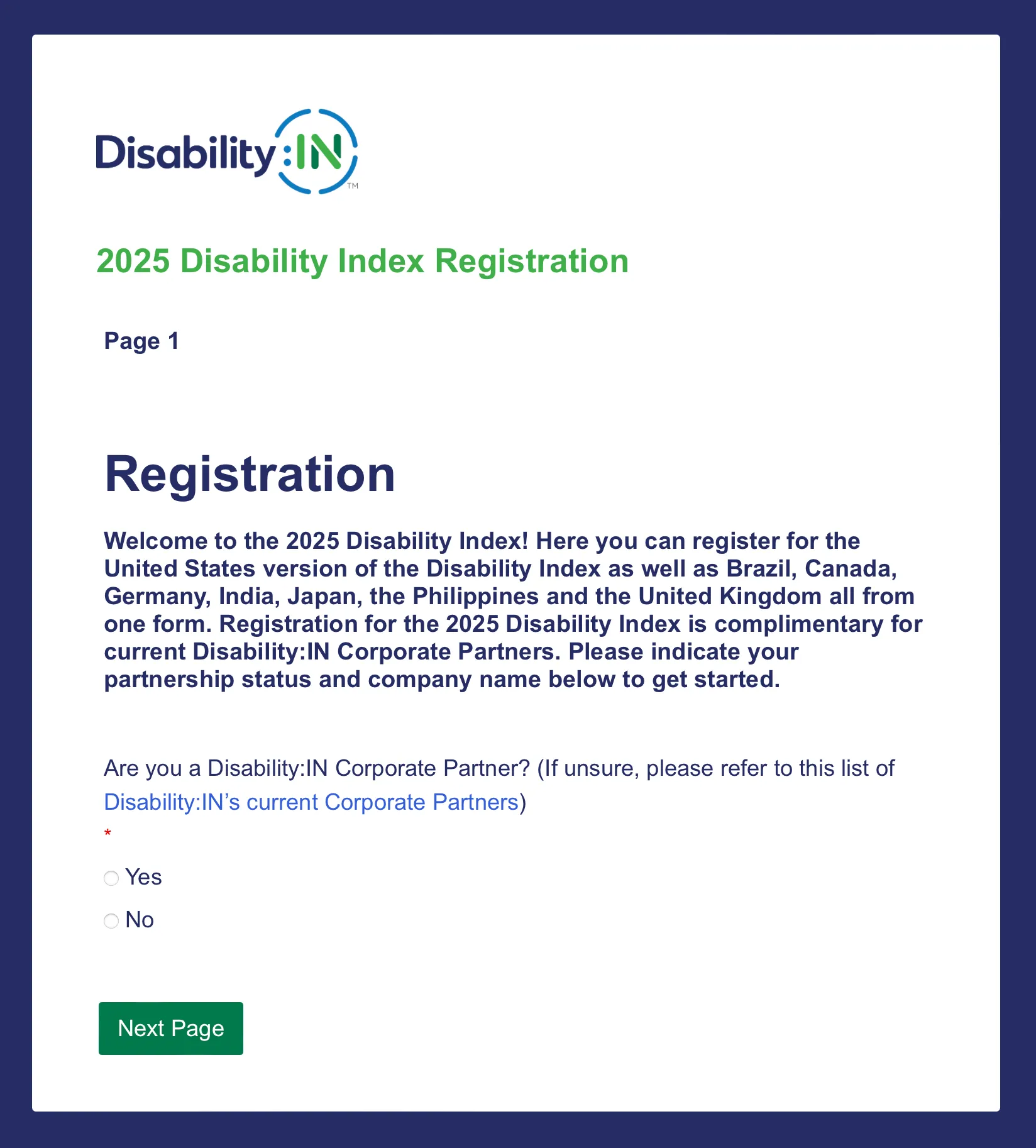 The 2025 Disability Index Registration form. The introductory paragraph reads: \