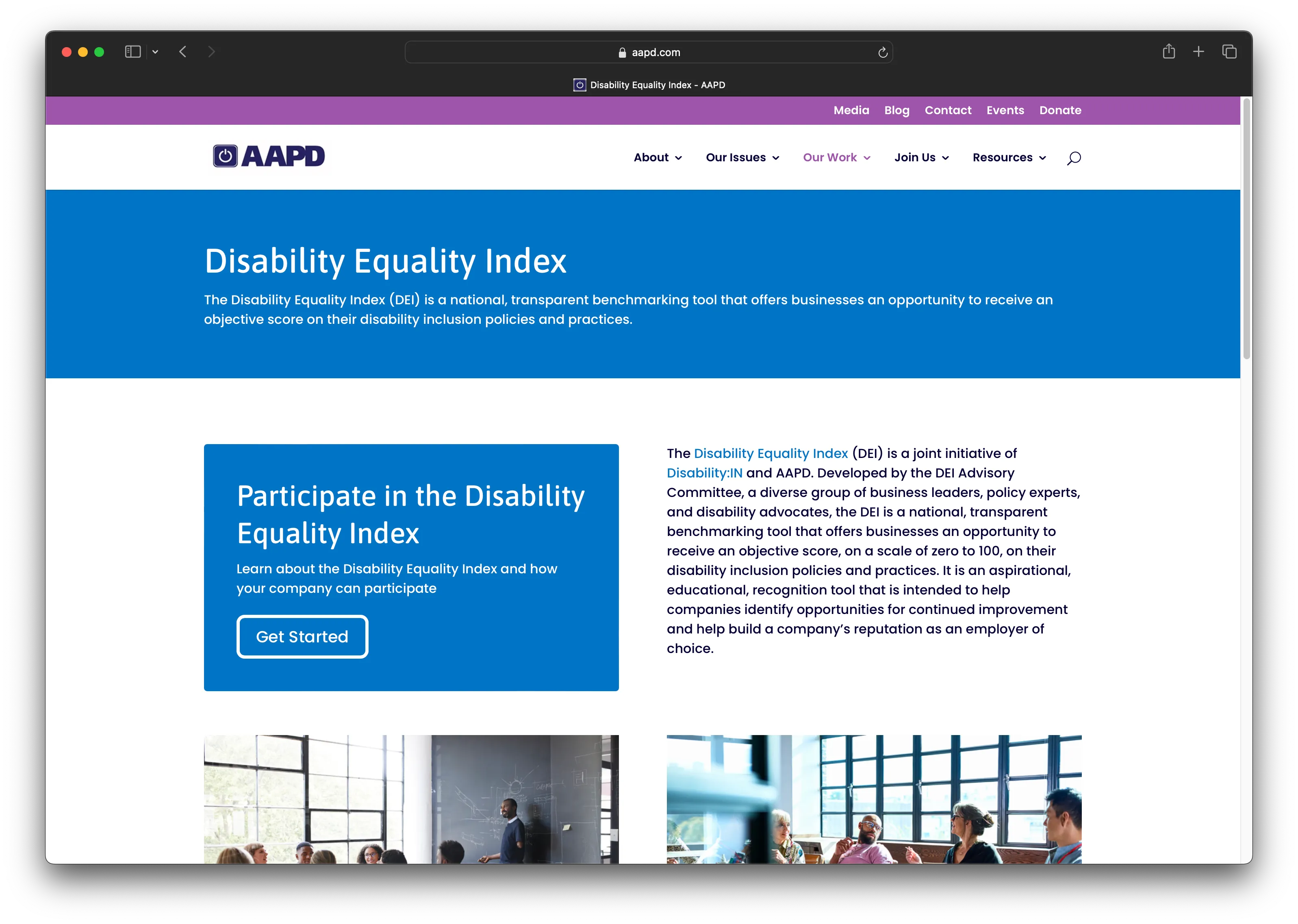 The AAPD webpage for the Disability Equality Index, subtitled \