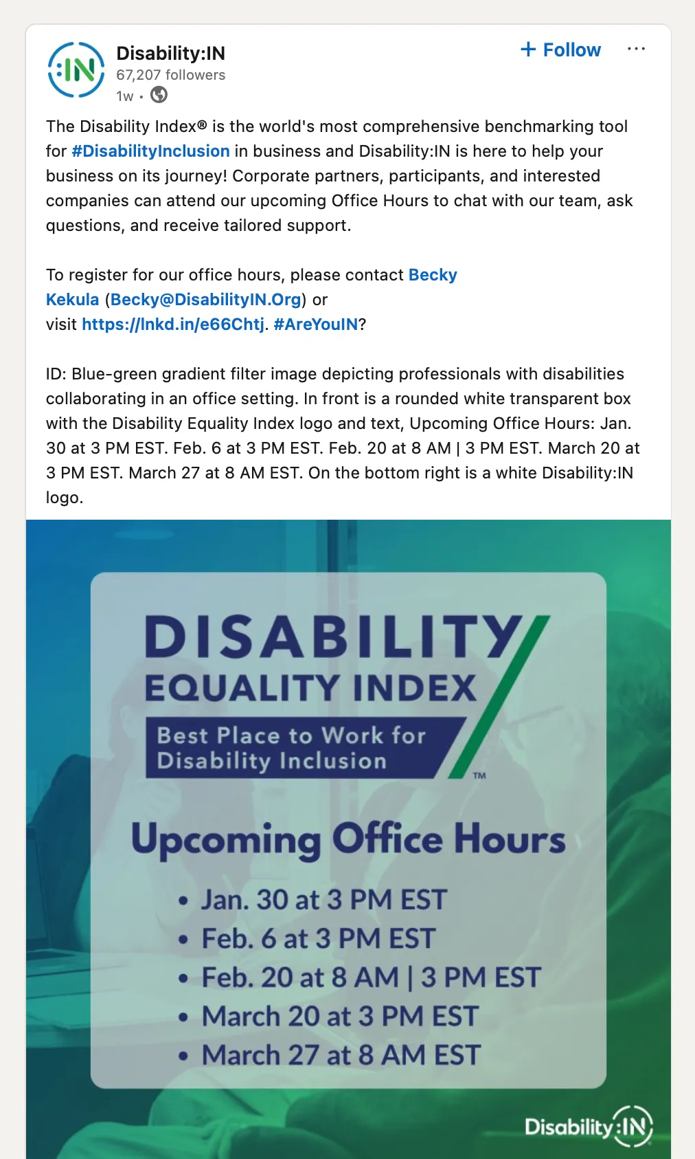 LinkedIn post by Disability:IN with 1w timestamp label. The post body reads: \