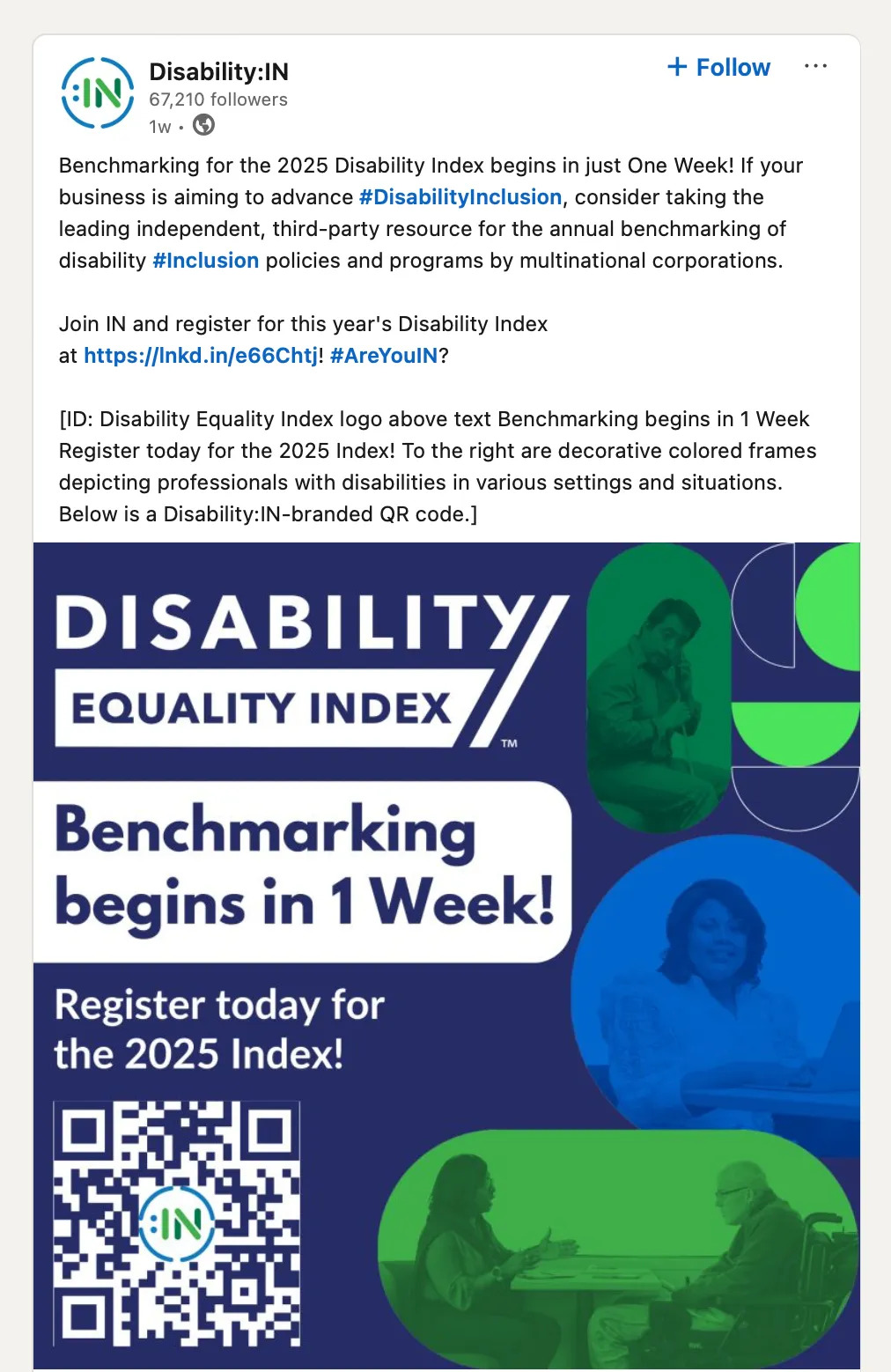 LinkedIn post by Disability:IN with 1w timestamp label. The post body reads: \