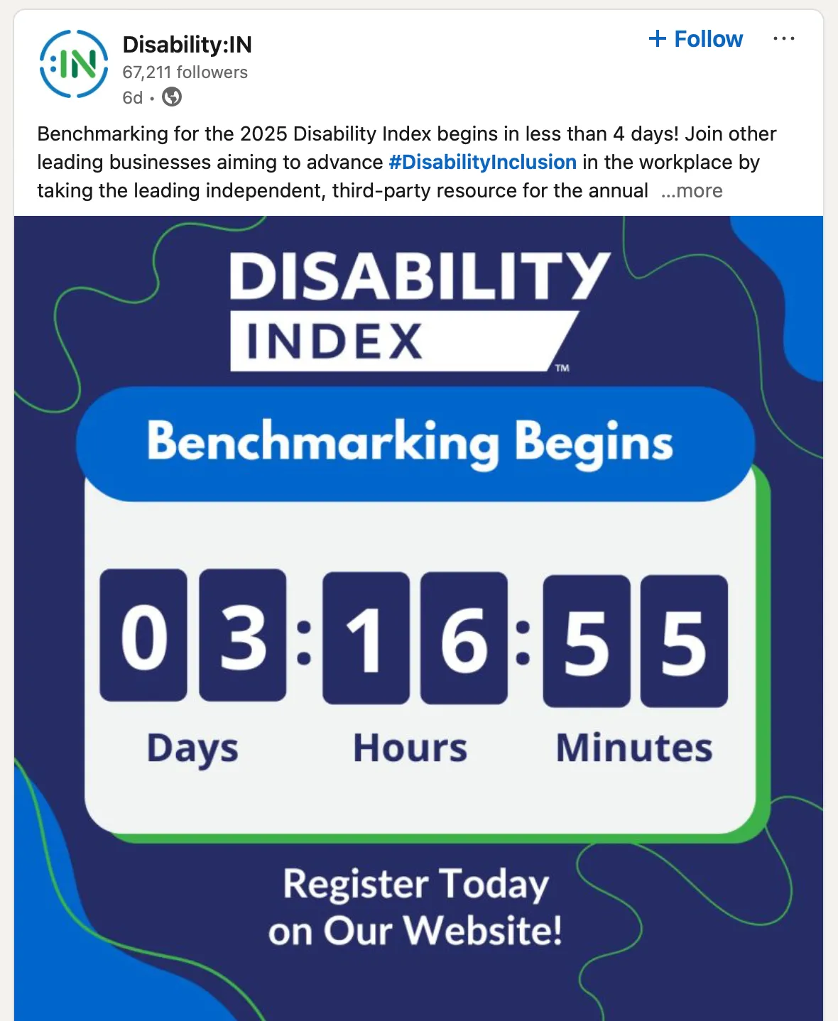 LinkedIn post by Disability:IN with 6d timestamp label. The post image shows the logo and a \