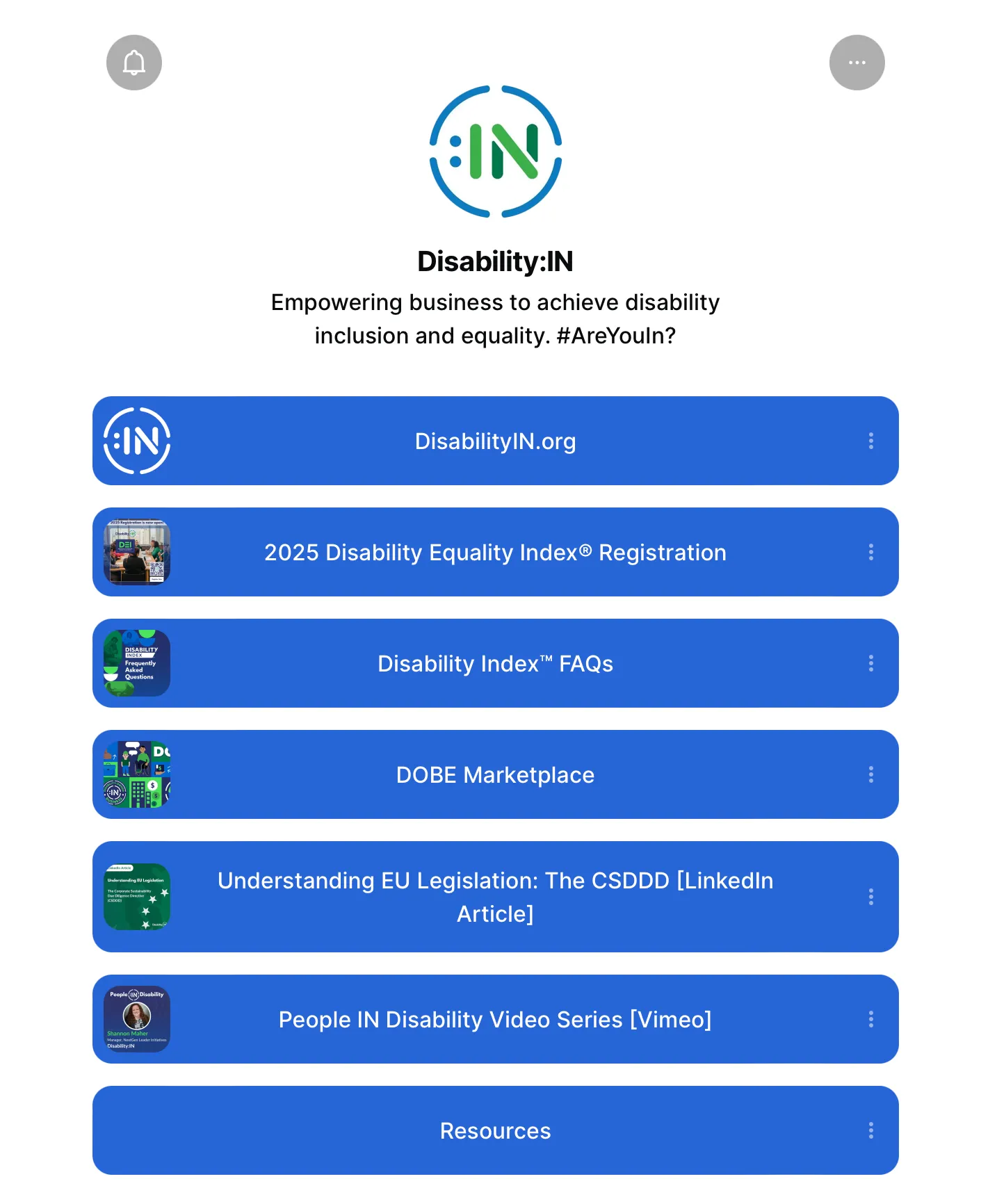 Disability:IN's Linktree with 7 links: DisabilityIN.org, 2025 Disability Equality Index, Disability Index FAQs, DOBE Marketplace, Understanding EU Legislation, People IN Disability Video Series, Resources.