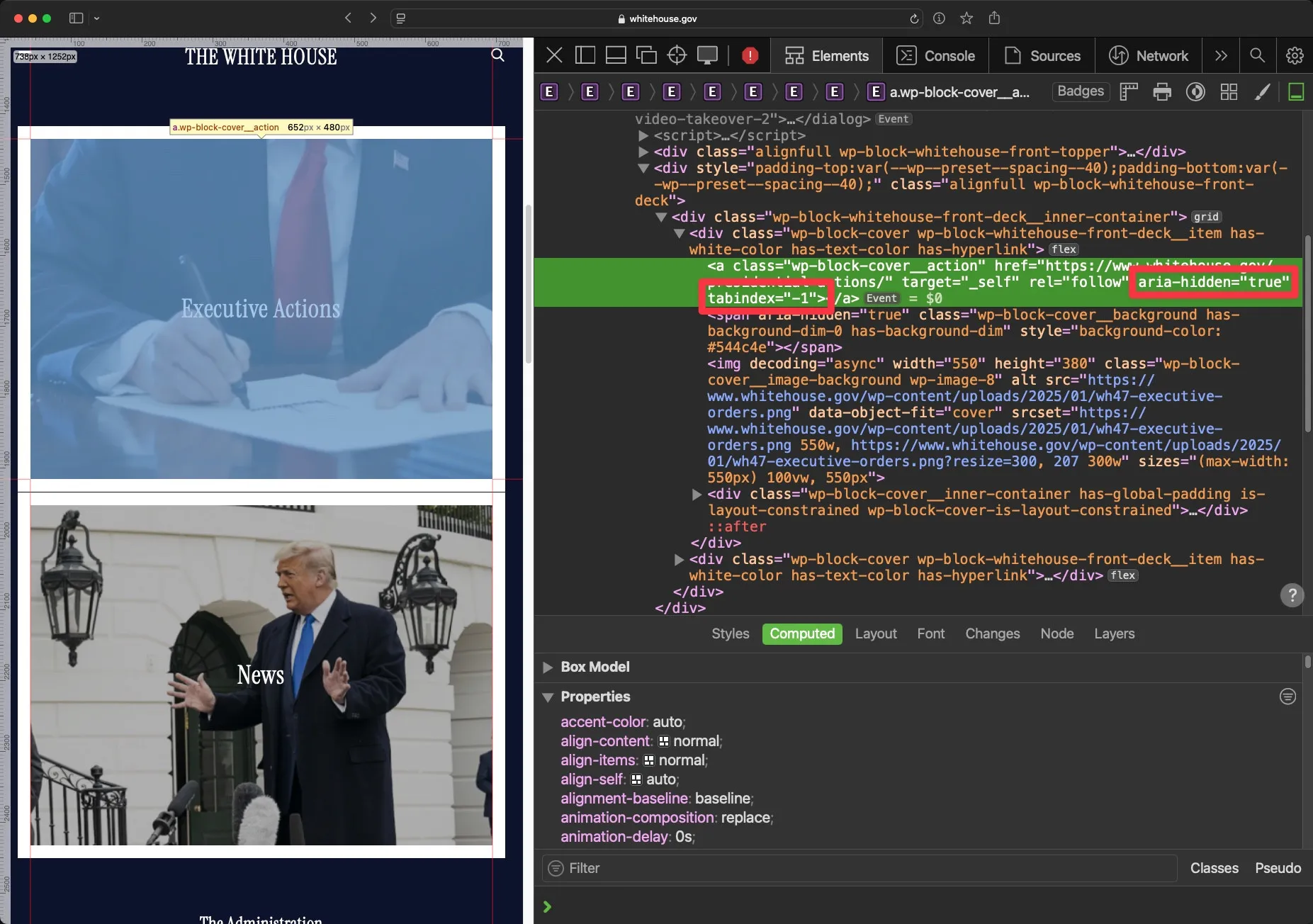 Side-by-side of a link on the White House home page and its HTML. The visible text says \