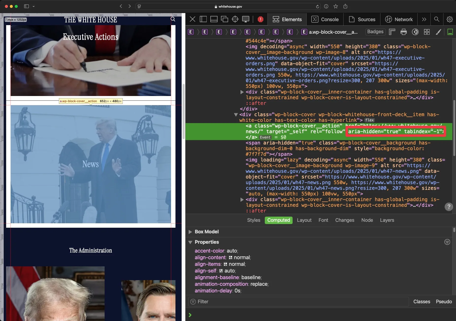 Side-by-side of a link on the White House home page and its HTML. The visible text says \