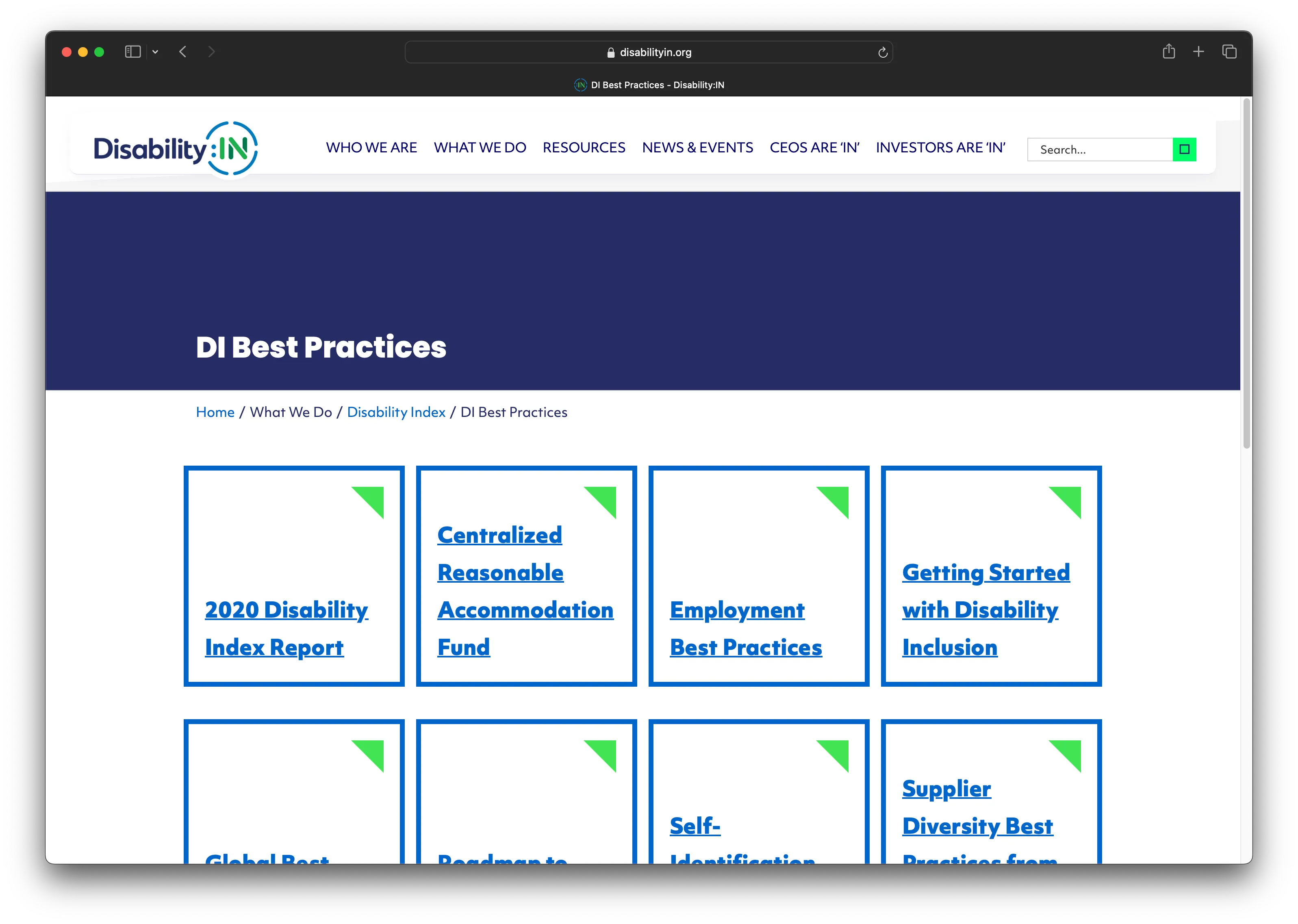 Page title: DI Best Practices. Breadcrumb: Home / What We Do / Disability Index / DI Best Practices. Visible content shows a grid square of links: 2020 Disability Index Report, Centralized Reasonable Accommodation Fund, Employment Best Practices, Getting Started with Disability Inclusion.