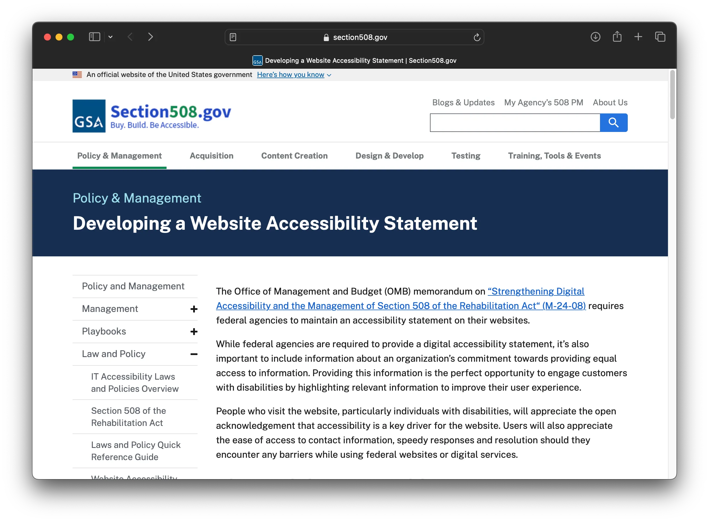 Policy & Management. Developing a Website Accessibility Statement.